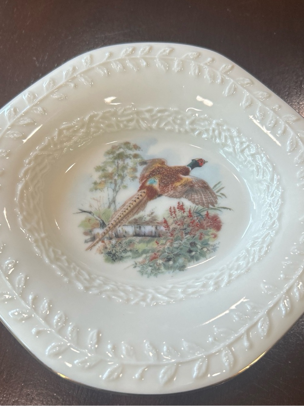 Croscill White Ceramic Bowl with Pheasant Motif and Leaf Border
